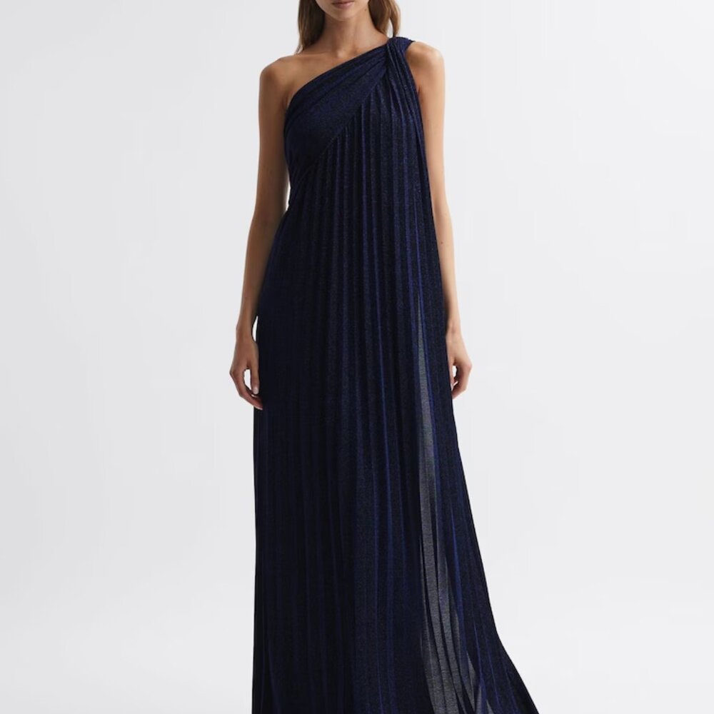 Halston Priya Pleated One-Shoulder Maxi Dress in Navy Size 4